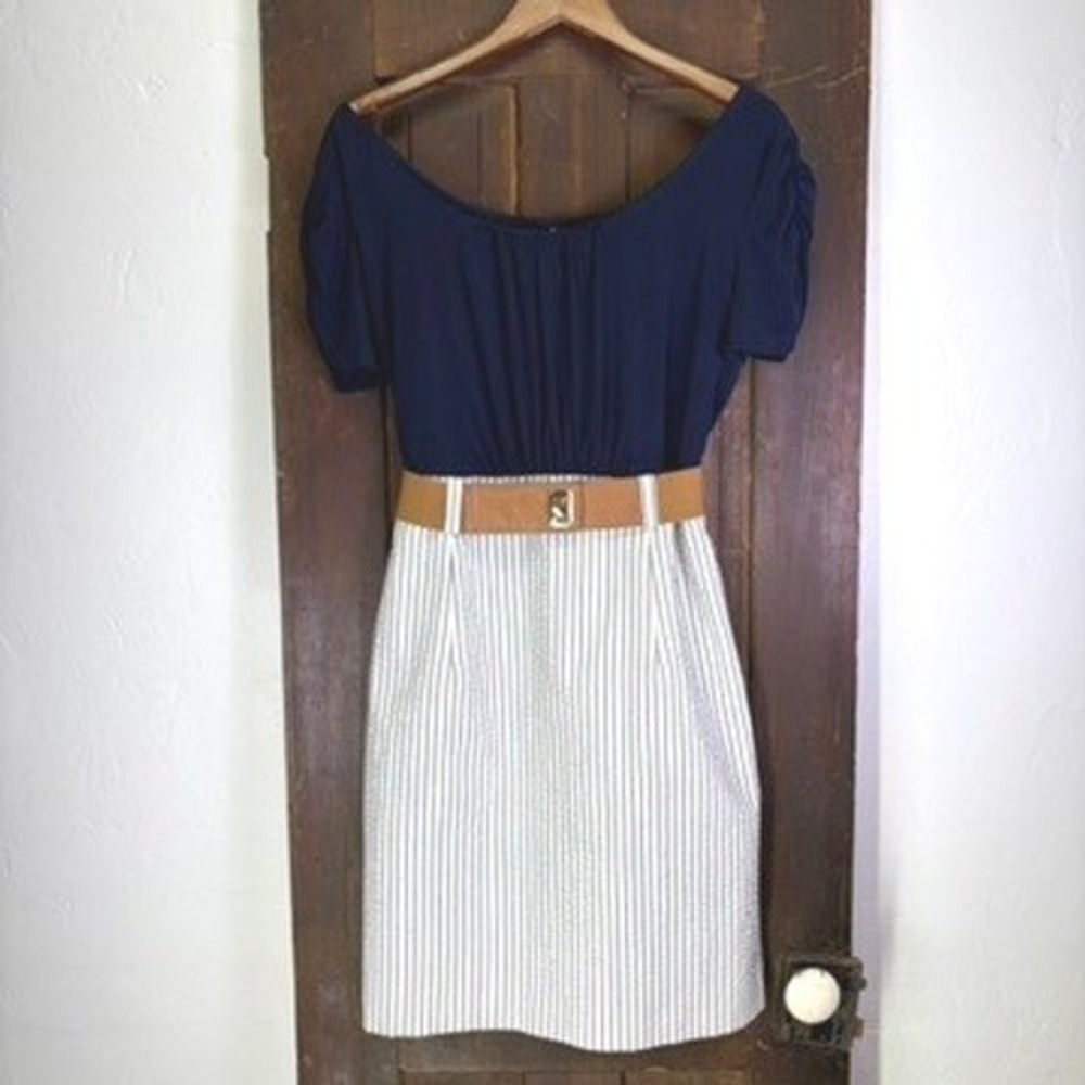 Alyx Woman's Colorblock Sheath Dress Size 12 Navy Blue White Pinstripe Belted